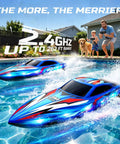 Epic RC Boat For Kids With LED Lights Self Righting And Waterproof Design racing in pool with family watching nearby.