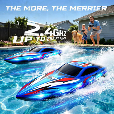 Epic RC Boat For Kids With LED Lights Self Righting And Waterproof Design racing in pool with family watching nearby.