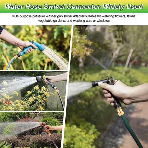 Three Quarter Inch Garden Hose Swivel Connector 360 Degree Female To Male Brass Adapter With PTFE Tape And Washer Prevents Tangles Easy Watering For Quick No Fuss Setup connected to hose and spray gun in garden