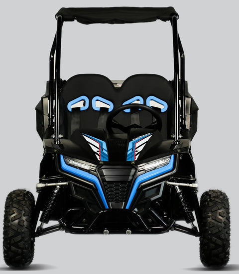 Front view of Cheetah 6 Youth Go Kart With 163cc 5.5HP Engine Electric Start Remote Kill Speed Governor in blue and black