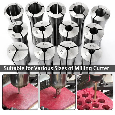 13 Piece R8 Collet Set For Milling Machines 1/8 To 7/8 Inch Pro Grade Mill Chuck Holder For Bridgeport Spindle 65Mn Material.0006 Tolerance And 55 60 HRC Clamp Hardness displayed with machining example.