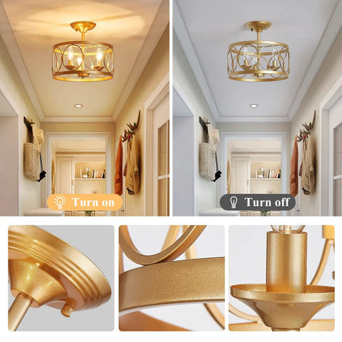 3 Light Farmhouse Semi Flush Mount Ceiling Light With Gold Finish For Kitchen Hallway Living Room And Bedroom, close-up views on and off