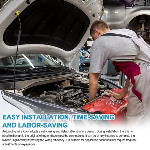Mechanic using Split Wire Loom Master Kit Pro Grade for car cabling, hood open in garage.