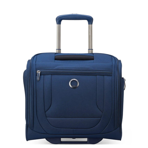 Lightweight Underseat Carry-On Luggage With 2 Wheels, Navy Blue, 16 Inch, Durable Polyester, Front View Showing Zip Pocket