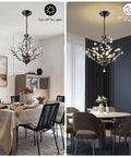 18 Inch Black Crystal Chandelier With 4 Lights, Vintage Branch Pendant Light Fixture in dining room setting, day and night views.