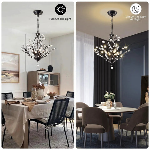 18 Inch Black Crystal Chandelier With 4 Lights, Vintage Branch Pendant Light Fixture in dining room setting, day and night views.