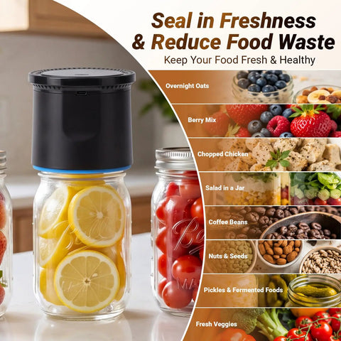 Mason Jar Vacuum Sealer Kit sealing jar with lemons, showcasing cordless electric sealer for wide and regular mouth jars.