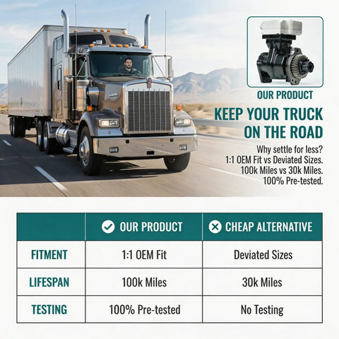 Air Brake Compressor Replacement for ISX15 QSX15 Trucks 2010-2024 displayed with semi-truck and performance comparison chart