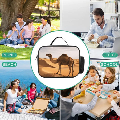 Insulated Lunch Bag For Men And Women Large Capacity Desert Sand Camel Cooler Tote shown in various settings