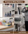 17 Quart Clear Plastic Storage Bins With Latching Lids Stackable Storage Containers shown storing tools and a broken lid scenario