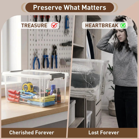 17 Quart Clear Plastic Storage Bins With Latching Lids Stackable Storage Containers shown storing tools and a broken lid scenario