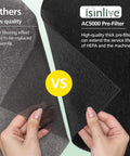 Comparison between low quality and high quality AC5000 pre-filters with text description, part of the 2 Pack FLT5000 Filter C Replacement With 6 Activated Carbon Pre Filters For Guardian Air Purifier Series AC5000 AC5000E AC5250PT AC5350B AC5350W AC5300B AP2800CA HEPA C Replacement.