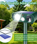 2 Pack Solar Ultrasonic Deer Repellent With Motion Sensor And Bright LED Strobe To Keep Deer Squirrels Raccoons Skunks Cats And Other Critters Off Your Yard IP65 Waterproof Outdoor Deterrent, solar panel detail