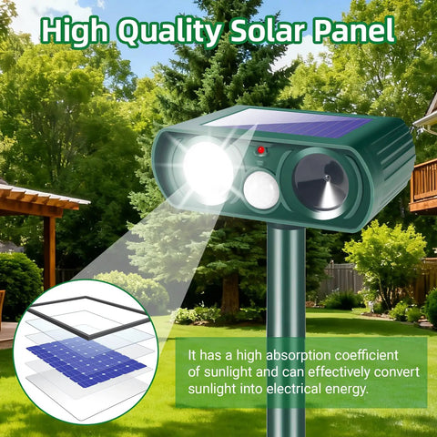 2 Pack Solar Ultrasonic Deer Repellent With Motion Sensor And Bright LED Strobe To Keep Deer Squirrels Raccoons Skunks Cats And Other Critters Off Your Yard IP65 Waterproof Outdoor Deterrent, solar panel detail
