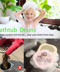 2 Pack Silicone Drain Hair Catchers For Bathroom And Kitchen, Easy Install Shower Sink Strainer Hair Stopper Protector, Tub And Tub Drain Cover Gray Color shown in use preventing hair clogs in sinks and tubs with child bathing.
