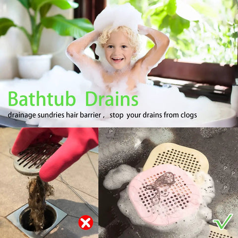 2 Pack Silicone Drain Hair Catchers For Bathroom And Kitchen, Easy Install Shower Sink Strainer Hair Stopper Protector, Tub And Tub Drain Cover Gray Color shown in use preventing hair clogs in sinks and tubs with child bathing.