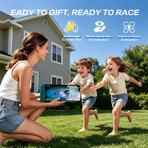 Woman holding Remote Control Boat With LED Lights For Kids And Adults, children running on grass, house in background