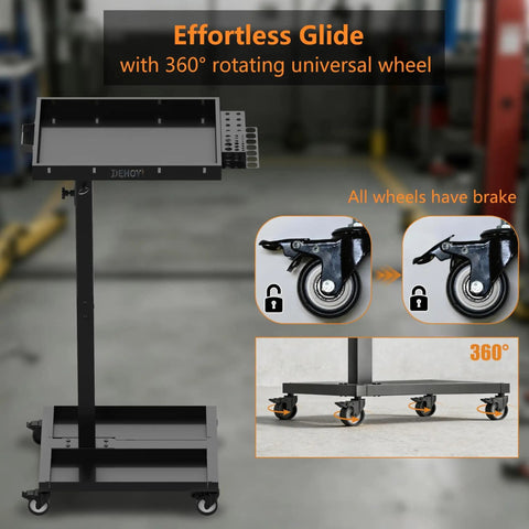 Adjustable Height Tool Cart With Wheels For Garage And Workshop, 36.2 To 42.9 Inch Height Range, Heavy Duty Metal Rolling Tool Tray Table, Ergonomic Standup Or Sit Down Workstation On Wheels Black with 360° rotating wheels and brake.
