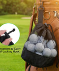 Two Pack Golf Ball Bags With Drawstring Nylon Mesh Pouches Quick Dry Ball Storage Bags hanging on golf cart