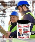 Engineer Mug 11 Oz For Men And Women Ceramic Coffee Cup Gift For Engineers On Christmas Father's Day Mother's Day Birthday Totally Boss Gift For Mechanical Civil Electrical Software Pros, shown with engineers in background.