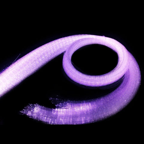 16W RGBW Fiber Curtain Lights Kit For Waterfall Backdrop glowing in purple, showing 450 strands, 0.75mm 13.1ft fibers in a spiral.