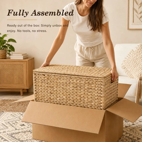 Handwoven Water Hyacinth Storage Trunk With Lid And Handles being unboxed, rustic wicker storage chest, eco friendly boho decor