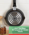 Nonstick Handy Pot With Glass Lid 3 Quart Oven Safe To 350F black cookware pot showing even heat base on stovetop