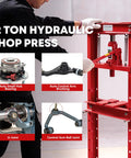 Heavy Duty 12 Ton Hydraulic Shop Press With Solid H Frame And Smooth Adjustable Table, showing hydraulic press and auto parts for metalworking.