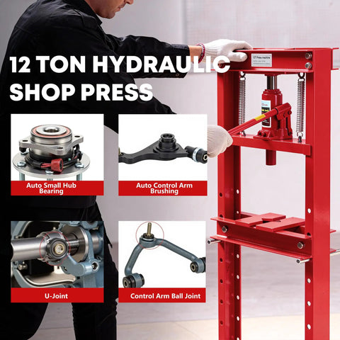 Heavy Duty 12 Ton Hydraulic Shop Press With Solid H Frame And Smooth Adjustable Table, showing hydraulic press and auto parts for metalworking.