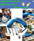Ultimate 22-Piece All-In-One Pro-Grade Air Compressor Accessories Kit displayed with tools and a 25-foot hose in various settings.