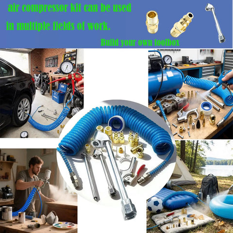 Ultimate 22-Piece All-In-One Pro-Grade Air Compressor Accessories Kit displayed with tools and a 25-foot hose in various settings.
