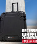 Titan Series Waterproof Utility Case With Diced Foam Insert, IP67 Dustproof Gear Box shown with wheels and handle extended