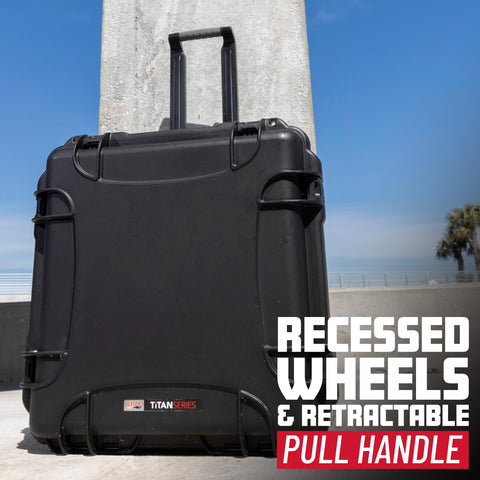 Titan Series Waterproof Utility Case With Diced Foam Insert, IP67 Dustproof Gear Box shown with wheels and handle extended
