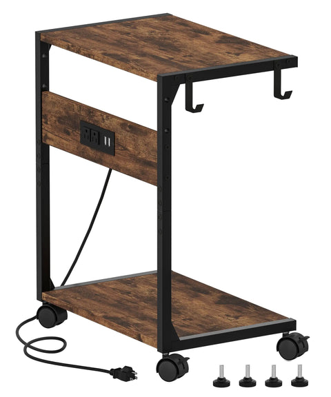 Two Tier Computer Tower Stand With Charging Station, Rolling Under Desk CPU Holder Cart For Home Office, walnut wood