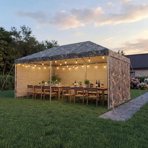 Outdoor setup with No Nonsense Tough 9 Mil Tarp Cover Waterproof UV Resistant Tarpaulin on canopy, lit with string lights.