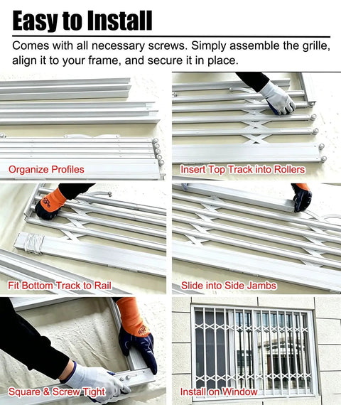 Installation steps for Heavy Duty White Retractable Security Grille For Sliding Burglar Windows And Storage Sheds Featuring Smooth Operator Design.