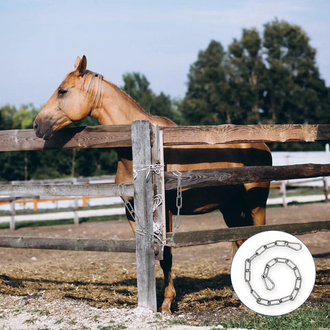 Stainless Steel Gate Chain Lock 20 Inch Heavy Duty Outdoor Fence Security with horse near wooden fence and chain shown in circle.