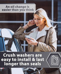 Woman using phone near car with text about oil changes and crush washers for 12 Piece Drain Plug Washer Set For Oil Change And Transmission Service M18 M20 OEM 94109 20000 And 90471 PX4 000 For Honda Acura Full Fluid Service All In One Kit For Quick Oil Changes And Routine Maintenance.