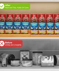 Expandable Bamboo Can Rack Organizer For Pantry With Three Tier Telescopic Design Holds Twenty Four Soda Cans organized above messy cans.