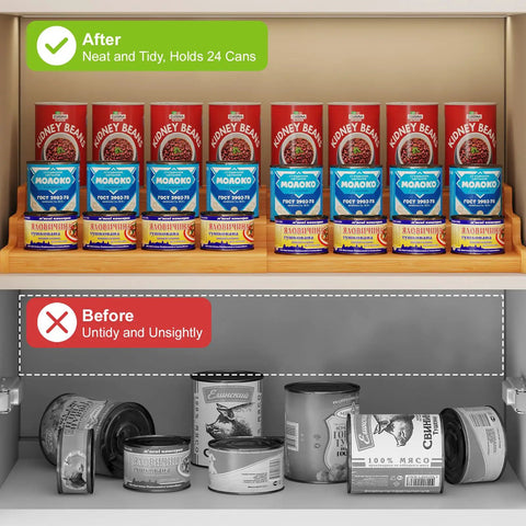 Expandable Bamboo Can Rack Organizer For Pantry With Three Tier Telescopic Design Holds Twenty Four Soda Cans organized above messy cans.