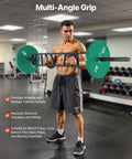 Man using Heavy Duty 2 Inch Swiss Bar With Three Grip Positions Built To Last, Supports Up To 550 Lbs in gym environment.