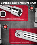 Close-up of 2-piece extension bars with 1/4 inch and 3/8 inch drives, part of 12 Piece One Quarter Inch And Three Eighth Inch Drive Ten Millimeter Socket Set With Three Inch Extension Bars Deep And Shallow Mirror Finish Magnetic Storage Rail CR-V Steel 6 Point And 12 Point Sockets Go-To Automotive And DIY Tool Kit, showing spring-loaded ball for secure fit and through-hole lock design for durability.