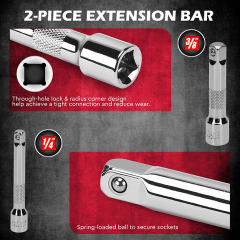 Close-up of 2-piece extension bars with 1/4 inch and 3/8 inch drives, part of 12 Piece One Quarter Inch And Three Eighth Inch Drive Ten Millimeter Socket Set With Three Inch Extension Bars Deep And Shallow Mirror Finish Magnetic Storage Rail CR-V Steel 6 Point And 12 Point Sockets Go-To Automotive And DIY Tool Kit, showing spring-loaded ball for secure fit and through-hole lock design for durability.