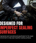 Mechanic installing Engine Intake Manifold Gasket Set 1205 for GM V8 engines with text 'Designed for Imperfect Sealing Surfaces'