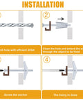 Installation steps for Hollow Wall Anchors Set 44 Pc showing drill bit, anchor insertion, screwing, and finished setup in drywall.