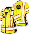 Women's Hi-Vis Class 3 Safety Vest In Bright Yellow With Relaxed Fit And Five Sturdy Cargo Pockets, featuring reflective tape.