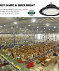 UFO LED High Bay Light 200W 24000 Lumen 5000K Waterproof IP65 Warehouse Fixture with US Plug illuminating a large warehouse