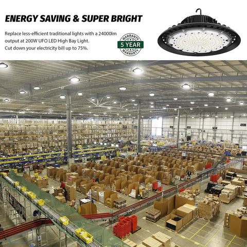 UFO LED High Bay Light 200W 24000 Lumen 5000K Waterproof IP65 Warehouse Fixture with US Plug illuminating a large warehouse