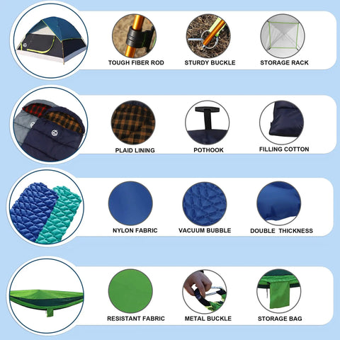 All In One Camping Gear Kit with 2 to 3 person dome tent, sleeping bags, hammocks, storage features and detailed material view