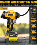 Cordless Tire Inflator With 160 PSI LCD Gauge attached to a 20V battery, showing compatibility with Dewalt batteries